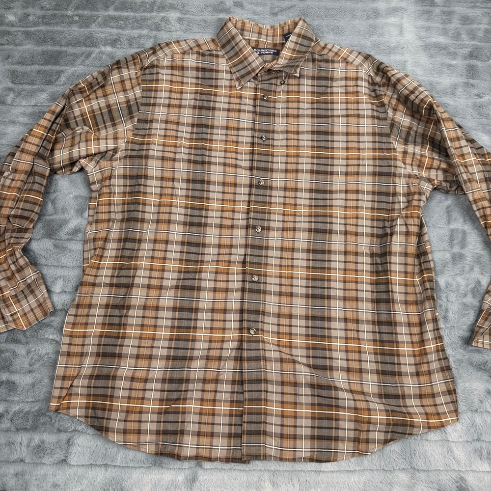 Roundtree & Yorke Mens XL Brown Plaid Button Down Shirt 100% Cotton Long Sleeve